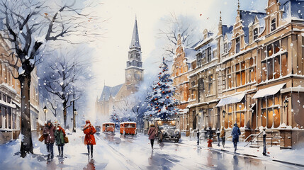 Watercolours Christmas and winter season landscape with city street