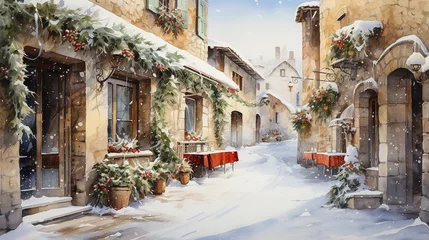 Foto op Plexiglas Watercolours Christmas and winter season landscape with local street © Atchariya63