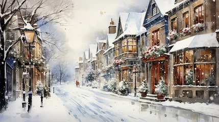 Foto op Canvas Watercolours Christmas and winter season landscape with local street © Atchariya63
