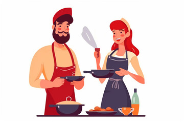 Happy couple cooking vegetable salad together vector flat illustration. People preparing healthy food on kitchen table. People cooking at home, happy couple at kitchen.