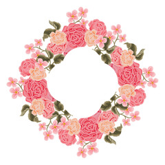 Vintage romantic scarlet red flower frame wreath with rose florals, daisy, peony, poppy, wildflowers, and leaf branch vector illustration elements