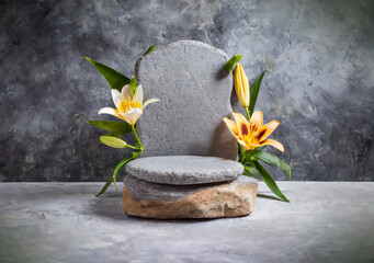 stone podium still life with lillies