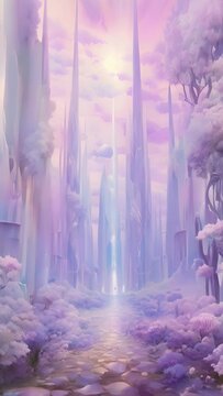 A surreal and otherworldly lilac landscape, with towering pillars of shimmering lavender crystals, their sharp edges gleaming in the light, and a sky of soft, pastel hues stretching out above.