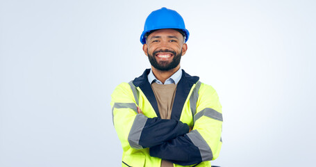 Happy man, portrait and professional architect in confidence with arms crossed on a studio white background. Male person, contractor or engineer smile with hard hat for construction on mockup space - obrazy, fototapety, plakaty