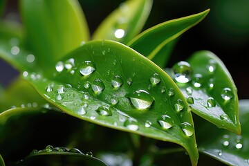 Close-up shot capturing raindrops delicately resting on vibrant green leaves, with a noticeable depth-of-field effect. Photorealistic illustration