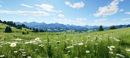 A wide-format background image showcasing a vast green field adorned with little white flowers, set against a backdrop of a blue sky with fluffy clouds. Photorealistic illustration
