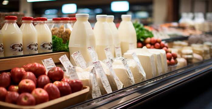 Dairy products, milk and cheese in a supermarket, food display - AI generated image