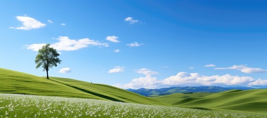 A serene and minimalist background landscape featuring rolling green hills, and soft, fluffy clouds in the vast sky, creating a tranquil and peaceful atmosphere. Photorealistic illustration