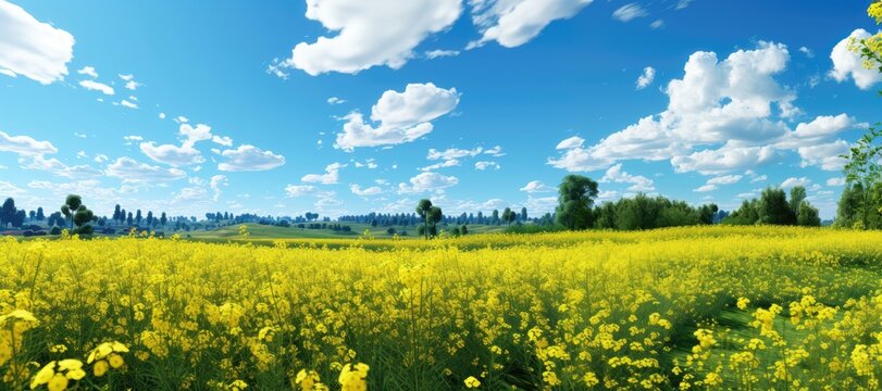 In this wide-format scene, a vast open field is adorned with a sea of yellow flowers, complemented by fluffy clouds drifting across the sky. Photorealistic illustration