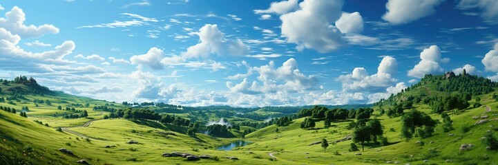 Naklejka premium In this expansive panoramic landscape, lush green hills are adorned with scattered trees, set against a backdrop of fluffy clouds, creating a serene and picturesque scene. Photorealistic illustration