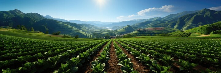 A panoramic view captures the expanse of a vast green farm, bordered by distant mountains, bathed in the warm glow of sunlight. Photorealistic illustration