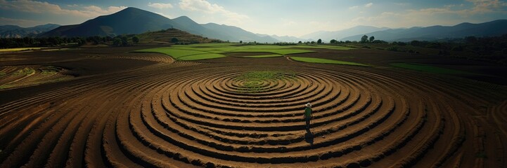 Fototapeta na wymiar In this captivating scene, a meticulously plowed farm arranged in circular patterns unfolds against a panoramic backdrop, with distant mountains completing the view. Photorealistic illustration