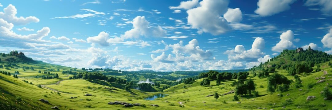 In this expansive panoramic landscape, lush green hills are adorned with scattered trees, set against a backdrop of fluffy clouds, creating a serene and picturesque scene. Photorealistic illustration