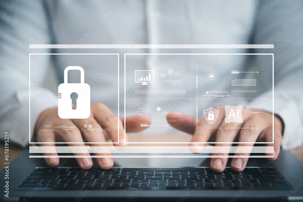 Poster cybersecurity protects login and secure internet access, businessman using laptop internet network f