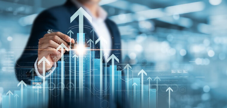 global business growth analysis and asset investment chart Business and Finance Up arrow Holographic economic chart, global economic trend analysis, financial graph analysis on virtual screen.