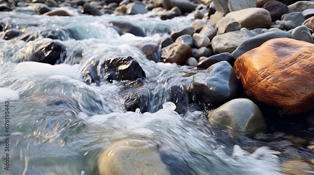 Aufkleber streams of water between mountain stones in close-up. beautiful alpine river stream with fast runnin