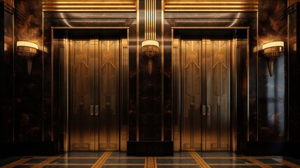 Dramatic golden elevators in fancy urban skyscraper building with relief sculptures and marble wall with lights and sconces : Generative AI - obrazy, fototapety, plakaty