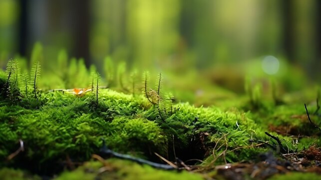 Green moss in a bright forest clearing. Seasonal natur background with bokeh and short depth of field. Close-up with space for text. : Generative AI