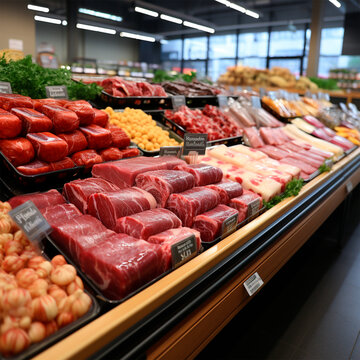 Fresh meat products, beef, pork in the refrigerator on display in a supermarket, healthy eating - AI generated image