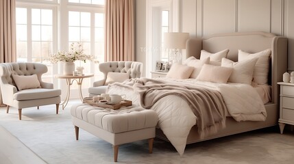 Bedroom in classic style in the apartment. A large double bed and two large upholstered armchairs. In beige tones. : Generative AI
