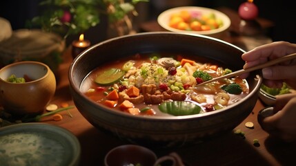 Close-up of a person eating bowl of asian soup at a table with family : Generative AI