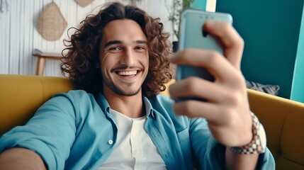 Close up young smiling happy man in casual clothes doing selfie shot pov on mobile phone sitting on blue sofa at home flat indoors rest relax on weekends free time. People lounge lifes : Generative AI - obrazy, fototapety, plakaty