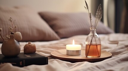 Fototapeta na wymiar Liquid home fragrance in diffuser with open paper book on coffee table in bedroom indoors close up over scented candle. Cozy and hygge atmosphere. Aromatherapy. Apartment living. Winte : Generative AI