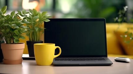 Close up of yellow cup of coffee, laptop with mock up screen and green potted plant on glass designer table. Blogger, freelancer workplace. : Generative AI