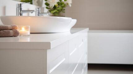 Modern bathroom with white cabinets and bathtub : Generative AI - obrazy, fototapety, plakaty