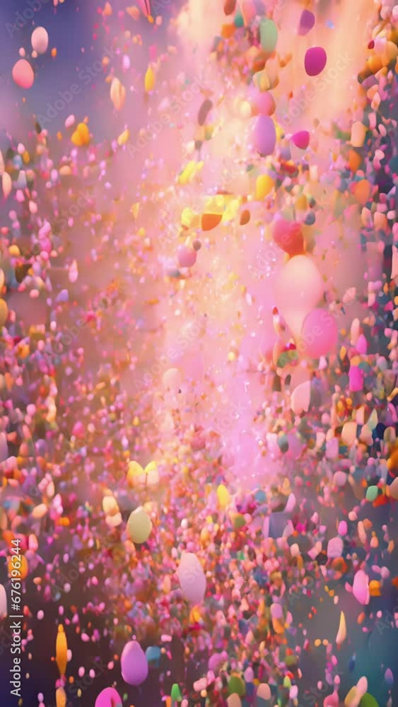 Poster an explosion of plumcolored confetti, bursting forth in a chaotic and jubilant manner. the pieces va