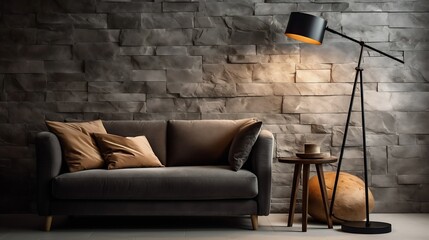 Stylish floor lamp next to a sofa and in front of a natural stone wall casting shadows : Generative AI
