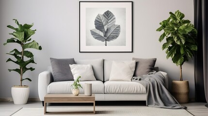 Creative composition of living room interior with mock up poster frame, gray sofa, black coffee table, patterned rug, plants in flowerpots, slippers and personal accessories. Home deco : Generative AI