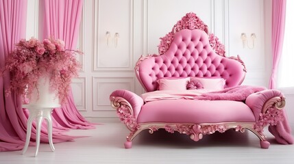 pink bed and chair in the art deco style in the white bedroom interior : Generative AI