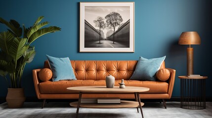 Interior design of harmonized living room with brown sofa, blue commode, coffee table, mock up poster frame, decoration, carpet and personal accessories. Stylish home decor. Template. : Generative AI