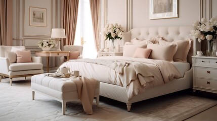 Bedroom in classic style in the apartment. A large double bed and two large upholstered armchairs. In beige tones. : Generative AI