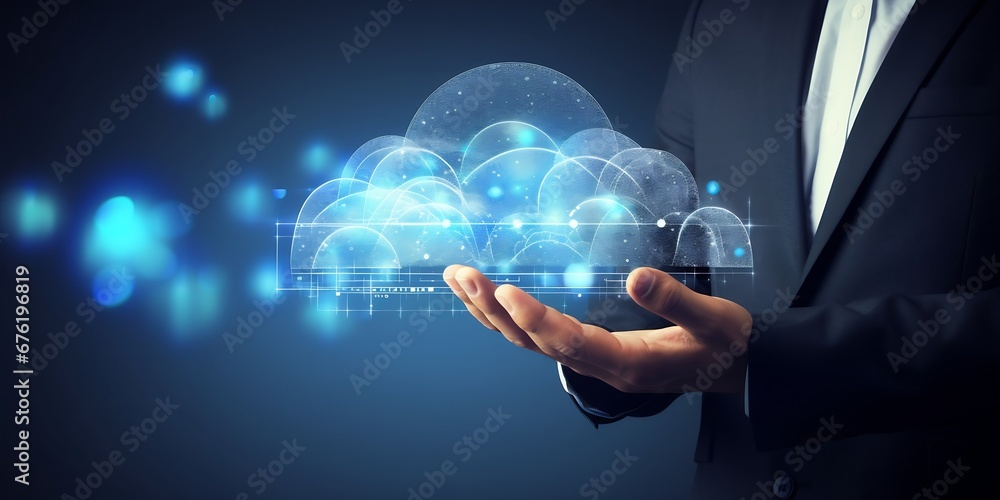 Aufkleber Businessman touch cloud computing icon network. Cloud technology, Cloud data transfer and online data storage for business network confidential data of business on internet storage net : Generative AI