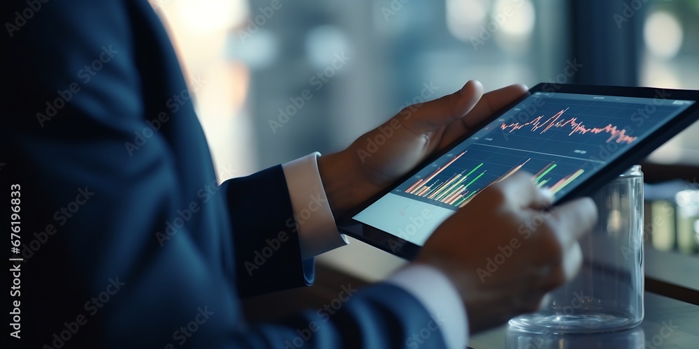 Poster businessman using tablet analyzing sales data and economic growth graph chart. business planning and