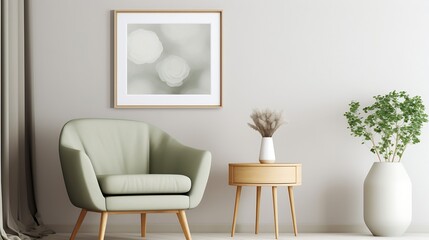 Stylish composition of living room interior with mock up poster frame, round table, gray armchair, beige lamp, books, modern vase with green flowers and personal accessories. Home deco : Generative AI
