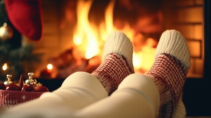 Feet in woollen socks by the Christmas fireplace. Woman relaxes by warm fire with a cup of hot drink and warming up her feet in woollen socks. Cozy atmosphere. Winter and Christmas hol : Generative AI - obrazy, fototapety, plakaty