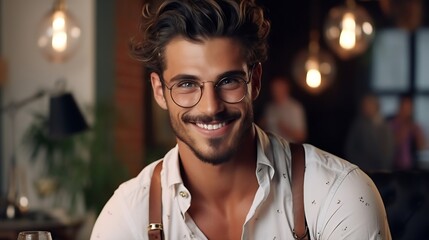 Close up shot of cheerful satisfied attractive male with stubble, has broad smile, wears round spectacles, rejoices success at work, stands against cozy interior. Fashionable designer  : Generative AI - Powered by Adobe