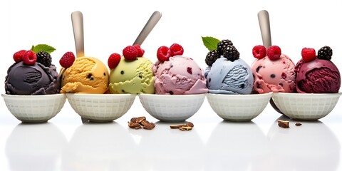 ice cream scoops of different colors and flavours with berries, nuts and fruits decoration isolated...