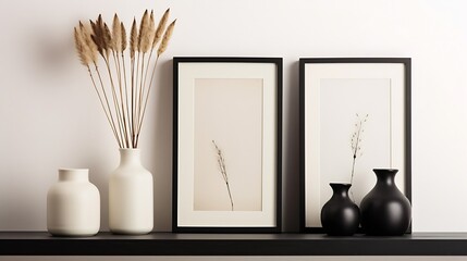 Exquisite and modern composition of living room interior with black shelf, mock up poster frame, dried flowers in vase, decoration and elegant accessories. Minimalist home decor. Templ : Generative AI