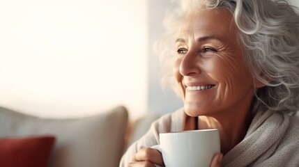 Close up mature woman wrapped warm blanket holding mug of coffee or tea, middle aged female enjoying free time, weekend at home, relaxing, drinking hot beverage in morning, starting ne : Generative AI