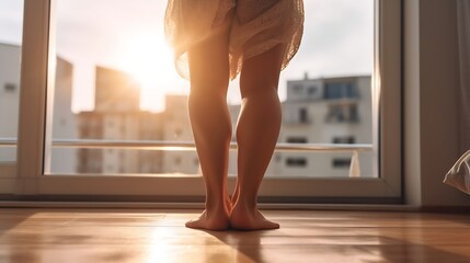 Barefoot girl feet moving at cozy apartment close up. Unrecognizable woman dancing on laminate floor. Young lady legs having fun enjoying morning at home. Anonymous person relaxing nea : Generative AI - obrazy, fototapety, plakaty