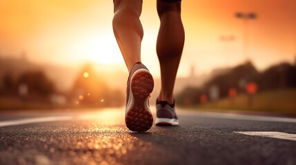 Running sport. Man runner legs and shoes in action on road outdoors at sunset. Male athlete model. : Generative AI