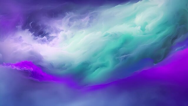 A large and abstract charcoal painting, with swirls and splashes of deep purple and emerald green, evoking the image of a turbulent and stormy ocean.