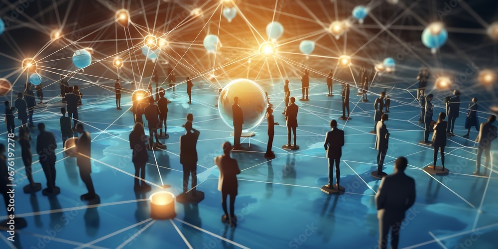 Aufkleber Global business structure of networking. Analysis and data exchange customer connection, HR recruitment and global outsourcing, Customer service, Teamwork, Strategy, Technology and soc : Generative AI