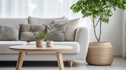 Scandinavian style livingroom with fabric sofa, sofa table. morning image with plant. sofa table on the lug. : Generative AI - obrazy, fototapety, plakaty