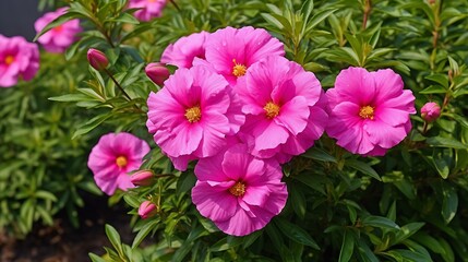 Close up of vibrant pink Cistus rambling rose type flower on lush green bush of green leaf background growing in organic garden floral bed in Summer day light : Generative AI