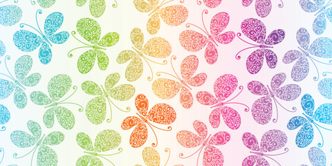 Vector seamless spring pattern with hand-drawn colorful gradient butterflies on a white background